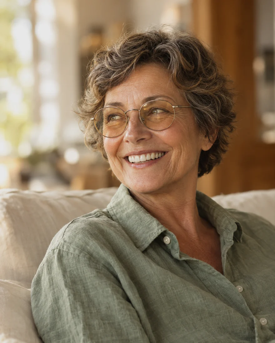 Mulher de cabelo grisalho sorrindo, o público da Tarlis Faé